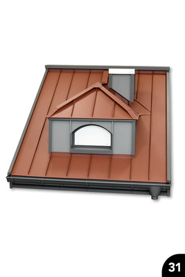 <p>Dachmodel: Falztechnik an Dachfläche, Schornstein und Gaube. Materialmix</p>