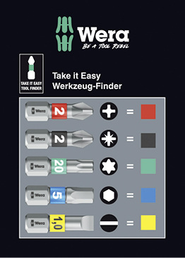 <p>
Der Wera-Werkzeugfinder „Take it easy“ ordnet Bits über farbige Banderolen einem bestimmten Profil zu
</p>

<p>
</p> - © Foto: Wera Werk Hermann Werner GmbH & Co. KG

