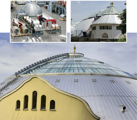 <p>
Die konisch bogenförmig gerundeten Kuppelscharen des beeindruckenden Kuppeldaches wurden bei Krehle in Landsberg vorgefertigt 
</p>