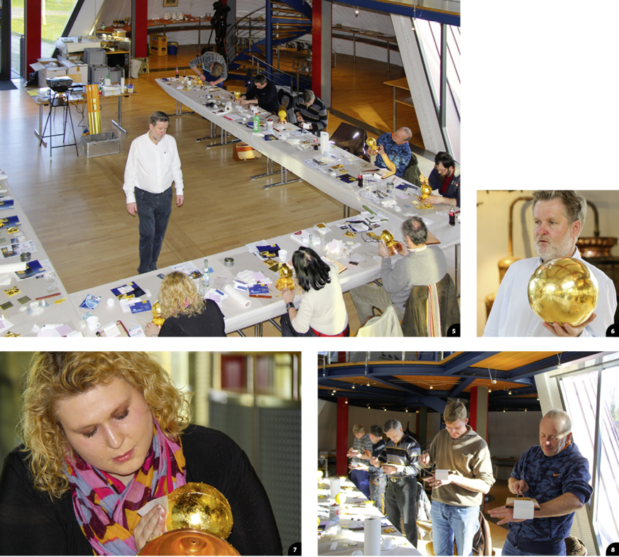 5￼ BA﻿UMETALL-Vergolderworkshop￼6 Christian Scheuring ￼7Margot Blamberger trägt Sturmgold auf8￼Die Teilnehmer üben zunächst das Blattgold-Zuschneiden ﻿