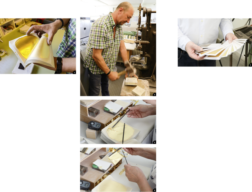 1 Über 1000 Goldblätter befinden sich in einer Schlagform2 Mit dem Hammer korrigiert Werner Auer letzte Nuancen 3Zurichterinnen heben hauchdünne Goldblättchen aus dem Schlagpaket, schneiden sie zu … 4 … und bugsieren die Blätter dann geschickt in ein Blattgoldheft 5 Eytzinger produziert Blattgold in zahlreichen Farbnuancen
