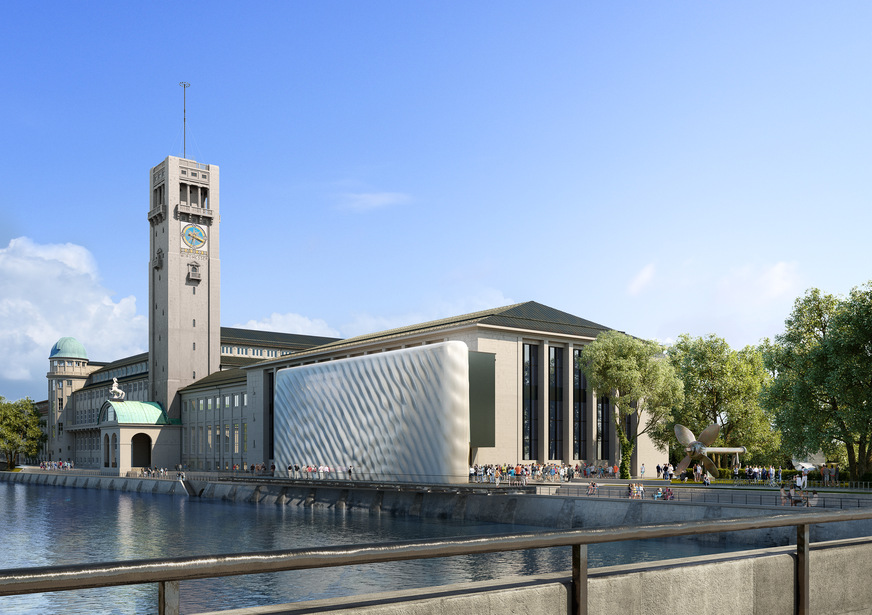 Die Visualisierung zeigt, wie die Fassade am temporären Eingangsgebäude des Deutschen Museums in München aussehen soll
