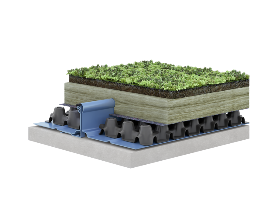 Modell: der Rib-Roof-Gründachaufbau ohne zusätzlichen Wurzelschutz. Die Metall-Profilbahnen übernehmen diese Funktion