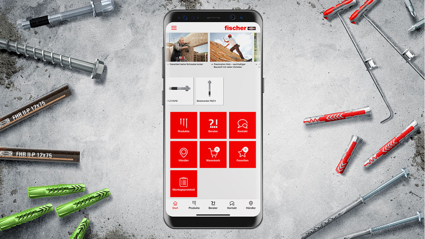Die Fischer Professional App: Nach dem Starten erscheinen die Lieblingsfunktionen der Anwender, die sie in roten Kacheln individuell zusammenstellen und mit einem Fingertipp nutzen können. Neu mit dabei: die Montageprotokollfunktion