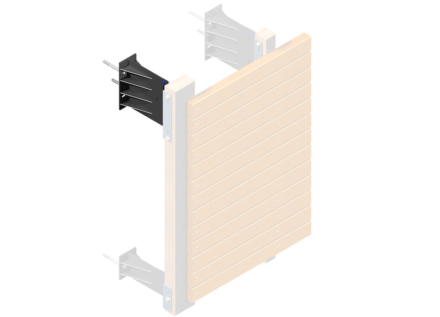 Oben: In Verbindung mit Tekofix-Wandhaltern von Systea ist eine wärmebrückenfreie Konstruktion möglich. Die Konstruktion besteht aus Aluminium-­U-Holzadaptern, Holzleisten und der ­darüberliegenden Deckschale aus Holz