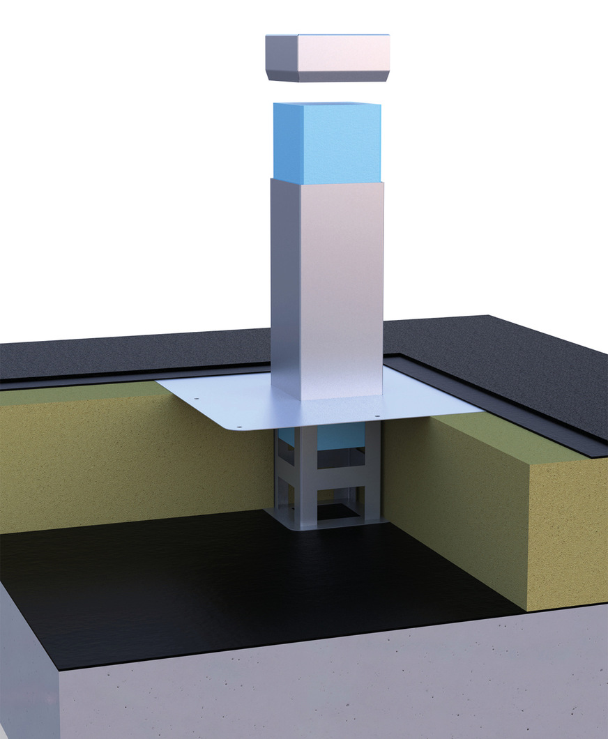 Ein Kontrollrohr durch den Aufbau der Flachdachschichten (Beton, Dampfsperre, Aussparung, Polystyrol-WD-Kern (blau), Edelstahlflansch mit Einfassung, Bitumenabdichtung und abhebbarer Deckel für Kontrollgänge)