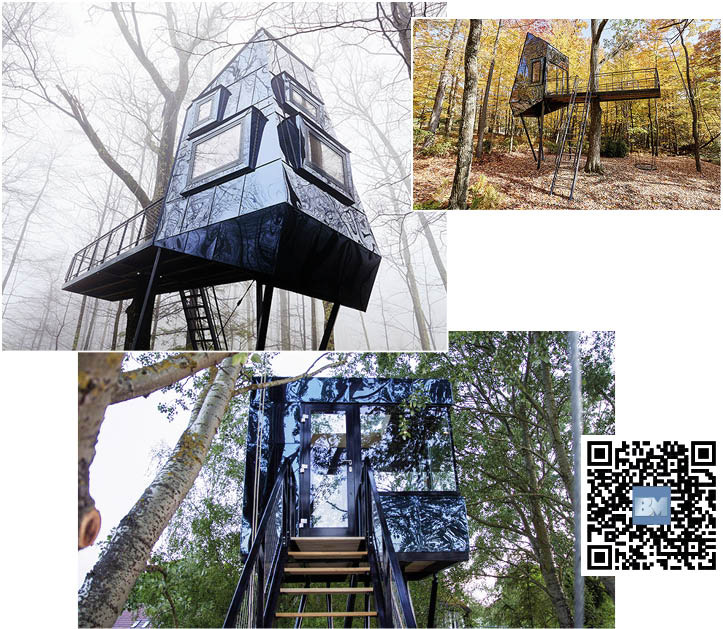 „Black Beauty“ heißt diese Baumbehausung, die mit spiegel­poliertem, schwarz gefärbtem Rimex-Edelstahl Mirror Black ColourTex ­bekleidet ist