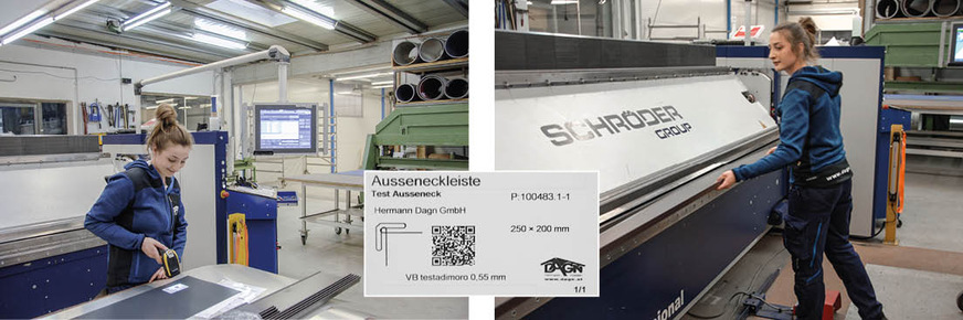 Bild links: Voll integriert: Mit dem Scan des Zuschnittlabels lädt die Schröder PowerBend Professional das in der Bendex-Software hinterlegte BiegeprogrammBild rechts: Dagn-Label: Die Maschinen lesen den Code, der Klartext erleichtert die Zuordnung durch die Mitarbeiter in der Vorfertigung und auf der Baustelle
