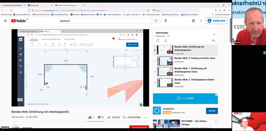 Ausbilder Arno Fell von der Würzburger Spenglermeisterschule im Bendex-Gesacon-Web-Meeting mit Luigi Greco (unten)