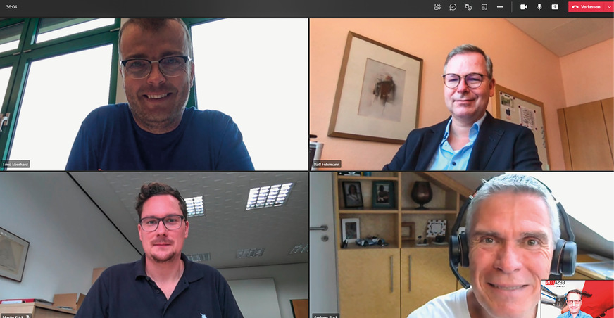 Timo Eberhard, Rolf Fuhrmann und Martin Krick vom BBZ Mayen sprechen mit Andreas Buck und Luigi Greco über die Digitalisierung des Klempnerhandwerks