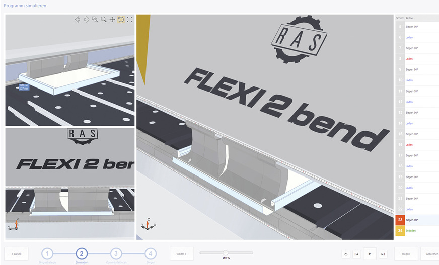 Die 3D-Simulation zeigt den automatisch programmierten Biegeablauf