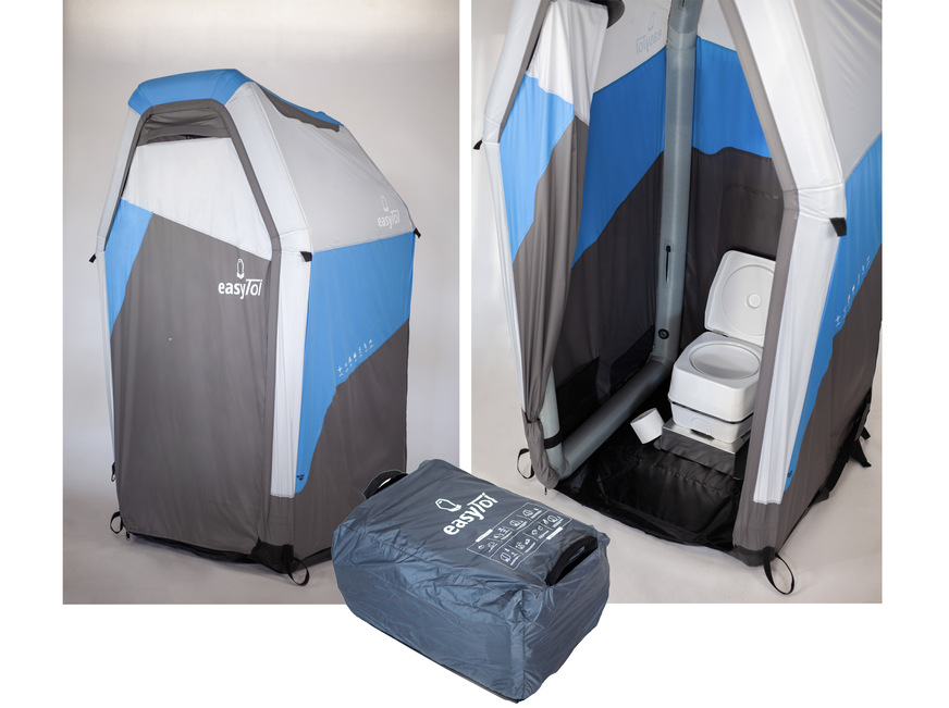 Aus dem kleinen Paket wird aufgebaut (hier mit geöffneter und geschlossener Tür) ein praktisches WC für den mobilen Einsatz