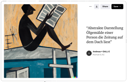 Auf die Anfrage „Abstrakte Darstellung, Ölgemälde einer Person die Zeitung auf dem Dach liest“, fertigte die KI in weniger als zwei Sekunden dieses Bild an. Das Ergebnis der Bild-Rückwärtssuche über Google zeigte kein einziges ähnliches Bild