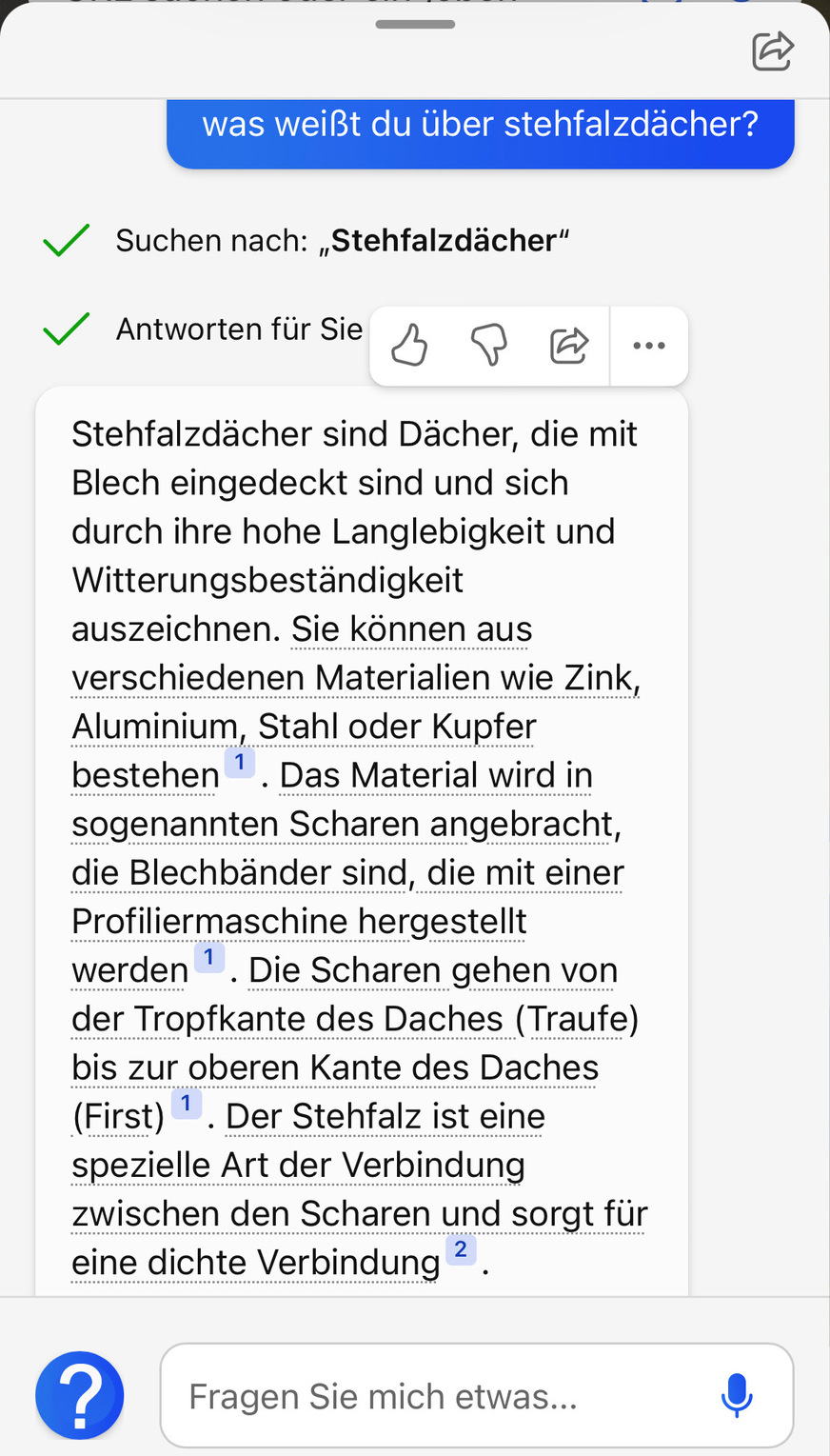 ChatBot-Antwort zur Definition von Stehfalzdächern