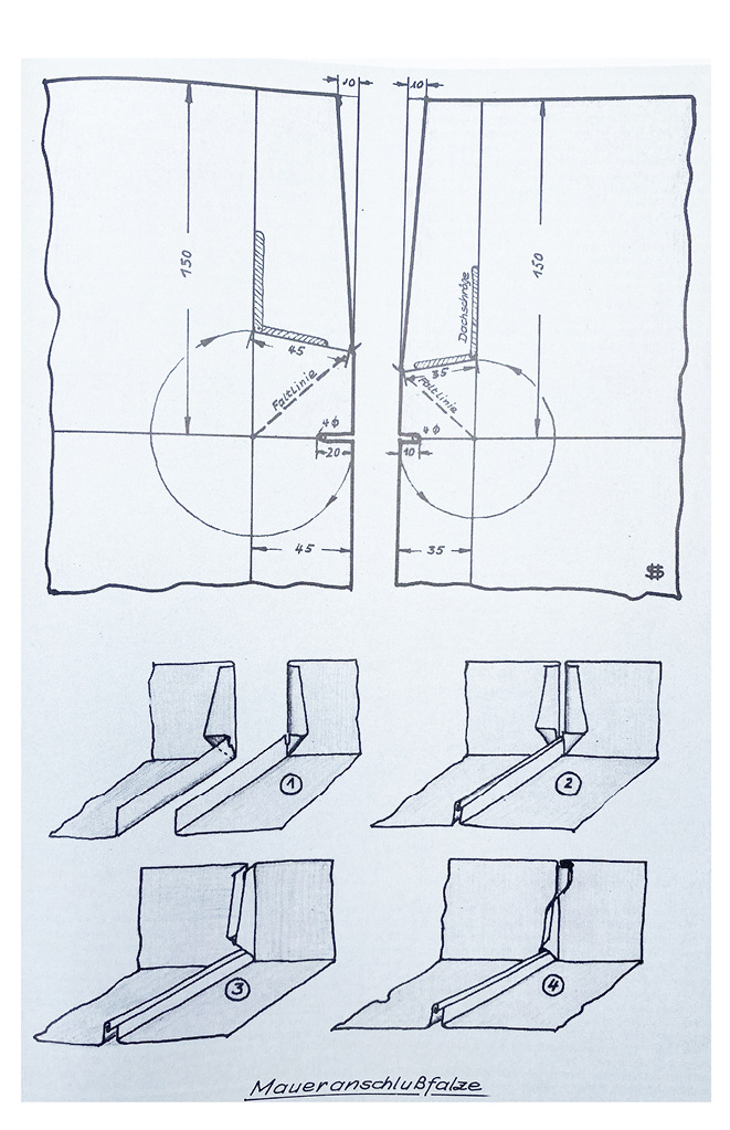 Entstehungsabfolge eines Maueranschluss- bzw. Stiefelfalzes in den 1980er-Jahren