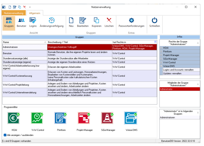 In der Nutzerverwaltung ist eine ausführliche Rechtevergabe möglich