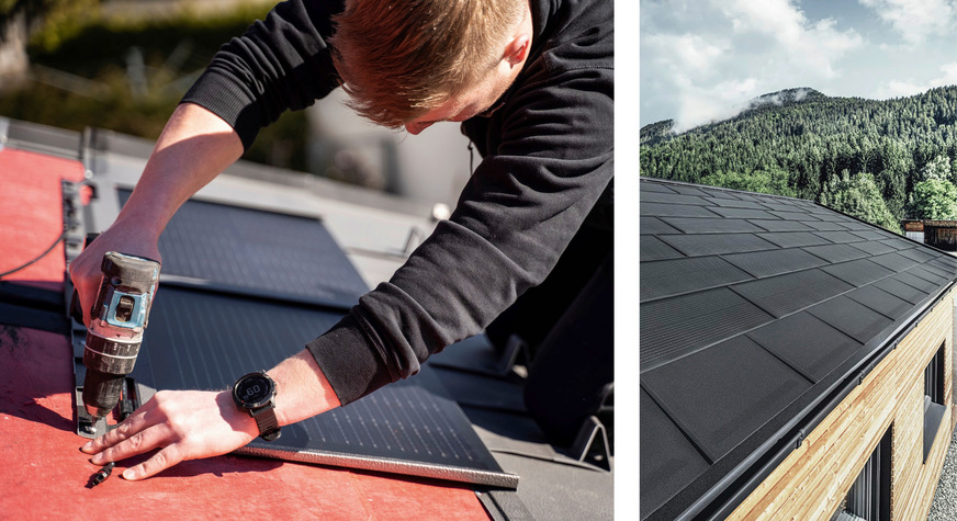 Montage der integrierten Aluminium-Solardachplatte von Prefa. Sie vereint ein sturmsicheres und schützendes Dach und eine Photovoltaikanlage in einem Produkt