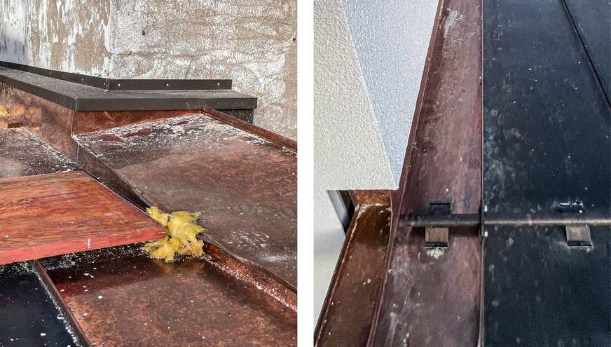 Baustellensituation: Zum Anschluss der Metalleindeckung an die WDVS-Fassade ist eine thermische Trennung des Sockelbleches gegen die aufgehende Wand erforderlich. Der Anschluss sollte z. B. mit einem Kompriband abgedichtet werden, um sicher zu sein gegen spätere Hinterläufigkeit und Schlagregen während der Bauphase