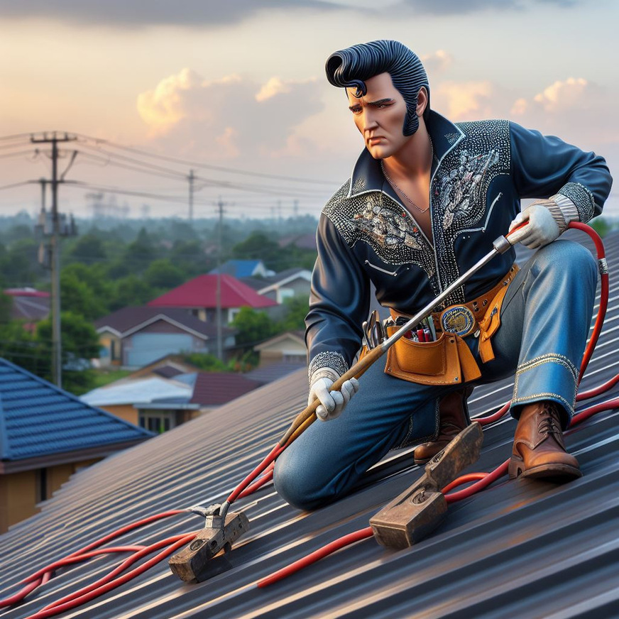 Dall.E erstellt Bilder auf Befehl. Hier „Elvis bei der Arbeit auf einem Metalldach“