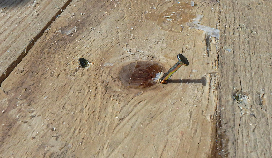 Eine Baustellensituation, wie sie immer wieder vorkommt. Nicht vollständig eingeschlagene Nägel stehen über die Schalung. Sorgfältige Kontrolle ist vor Verlegung der Metalldeckung unerlässlich