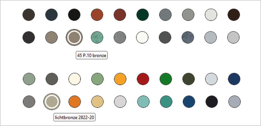 Farbbeschichtete Aluminiumbänder von Prefalz (Reihen 1 + 2) und Falzonal (Reihen 3 + 4) sind in zahlreichen Farben lieferbar