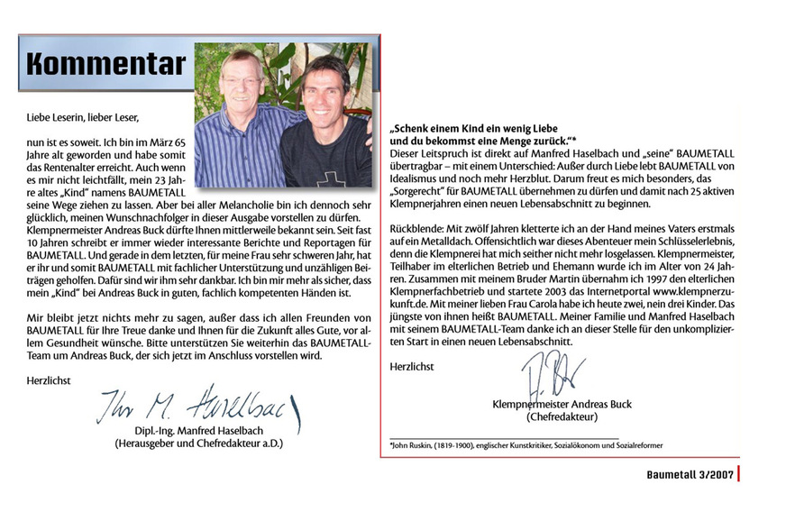 Kommentar zum 2007 erfolgten Wechsel in der BAUMETALL-Redaktion
