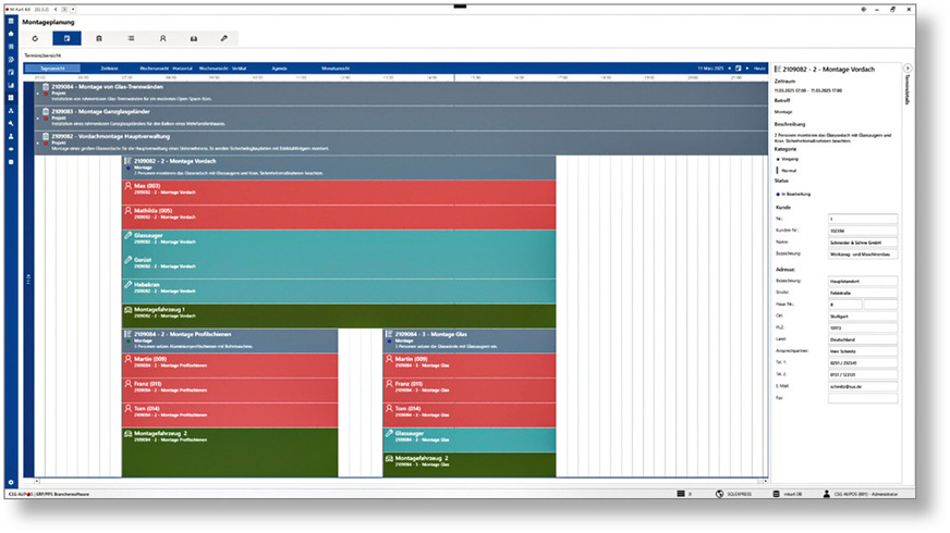 Im Auftrags-Pool der M-Kart-4.0-Montageplanung haben Anwender immer die komplette Übersicht über ihre Projekte, können erforderliche Ressourcen sofort festlegen, einplanen oder auch unkompliziert mittels Drag and Drop umplanen. Bei Umplanungen werden entsprechende Prüfmechanismen durchlaufen, die die Machbarkeit sicherstellen und Doppelbelegungen verhindern