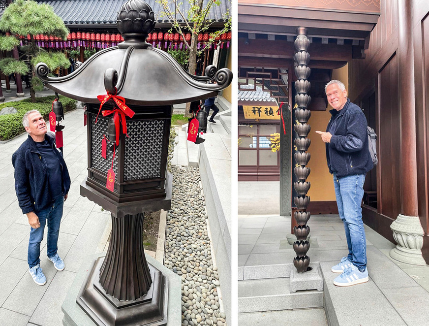Kupferkunst in Shanghai: Laterne und Becher-Regenwasser-Leitung im Jade-Buddha-Tempel&nbsp;