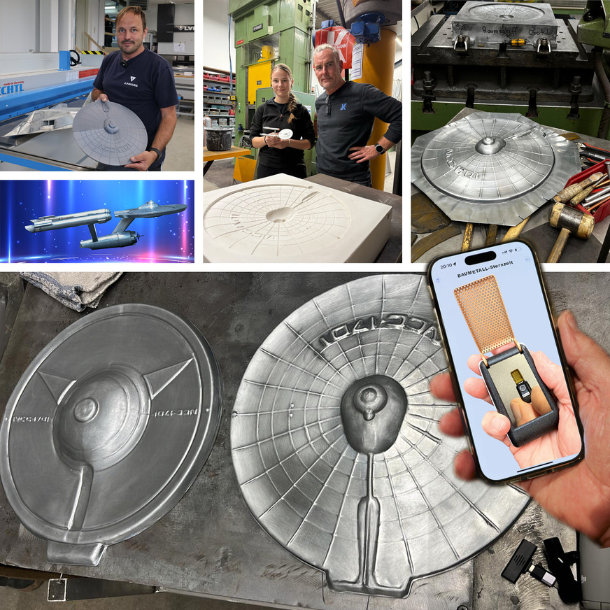 Etliche Telefonate und Meetings später nutze das Kaufmann-Team einen 3D-Druck aus Kunststoff als Vorlage für die Gipsform die wiederum zur Anfertigung der Gussform benötigt wurde. Hier zeigen wir erste Tiefzieh-Rohlinge aus Titanzink. MEGA!