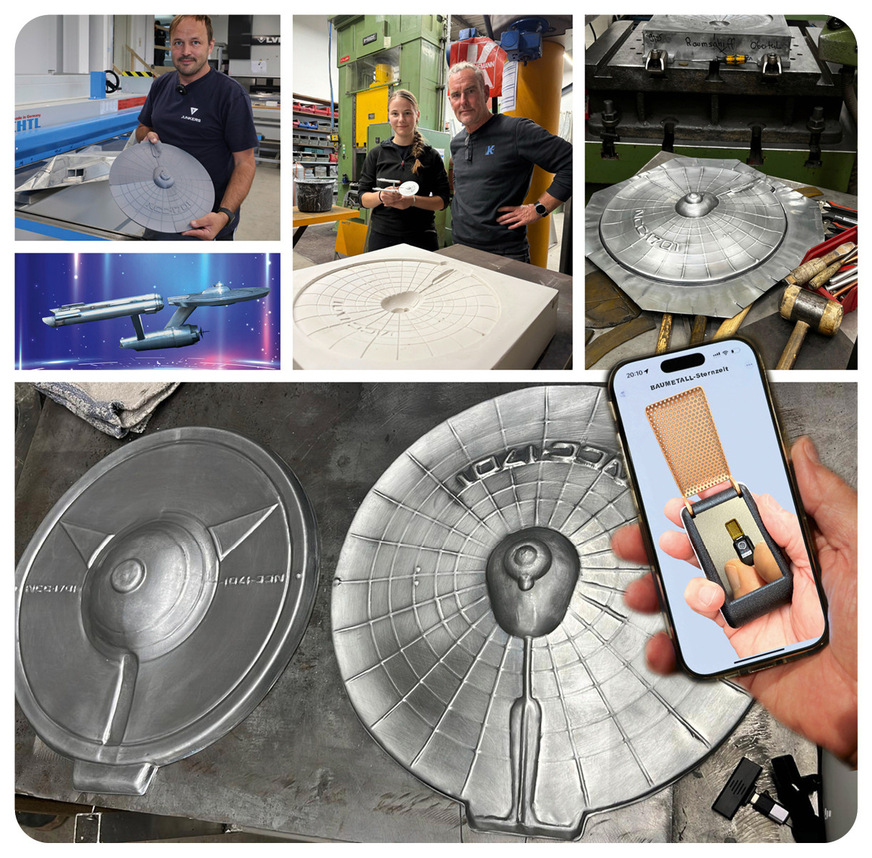 Nach etlichen Telefonaten und ­Meetings nutzte das Kaufmann-Team einen 3D-Druck aus Kunststoff als Vorlage für die Gipsform, die wiederum zur Anfertigung der Gussform benötigt wurde. ­Unten sind erste Tiefzieh-Rohlinge aus Titanzink zu sehen. MEGA!