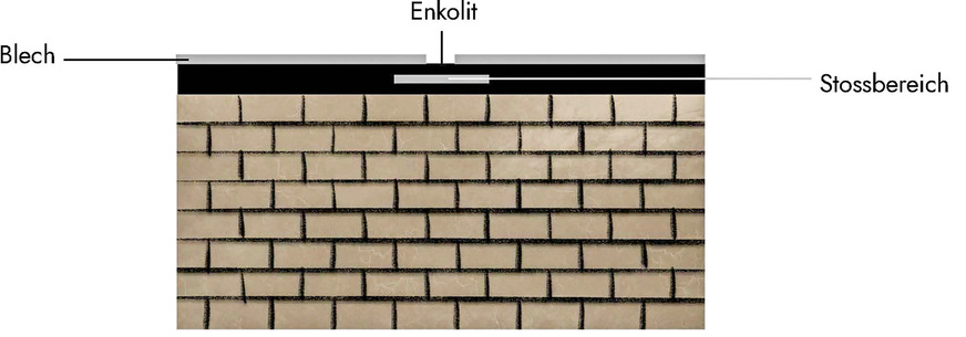 Oben: Seitenansicht einer fachgerechten Verklebung mit&nbsp;eingearbeitetem Stoßverbinder