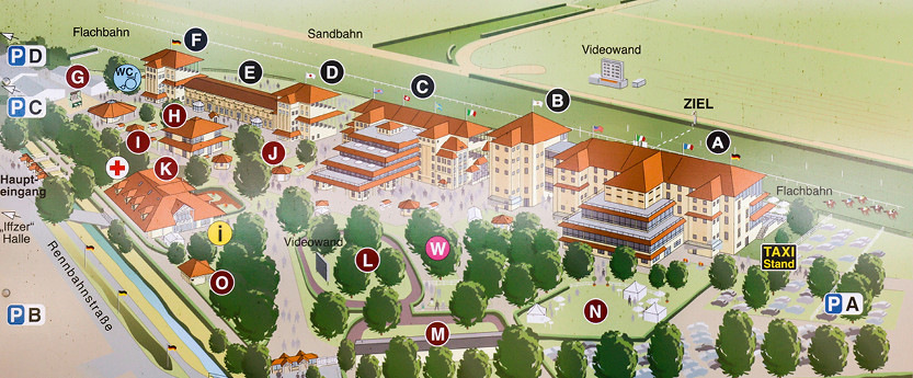 Übersichtsplan: Die Haupttribüne E befindet sich links im oberen Drittel