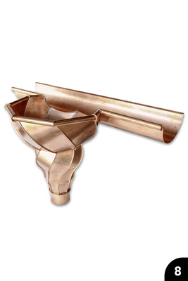 „Halbkugelförmige, achteckige Erweiterung eines Rinnensegments“, Kupfer, Falztechnik, Wulstabschluss, Lötverbindungen