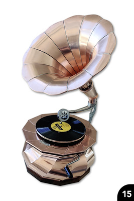 „Funktionsfähiges Meister-Grammophon“, Kupfer, Falztechnik (teilw. gedreht), Drahteinlage, Wulstabschlüsse, Löttechnik