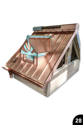 „Dachmodell Anbausanierung“, walzblankes und patiniertes Kupfer, Falztechnik