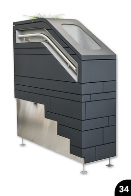 „Fassadenmuster mit Handlauf und Pflanztrog“, Farbaluminium, Edelstahl, Falz- und Stecktechnik