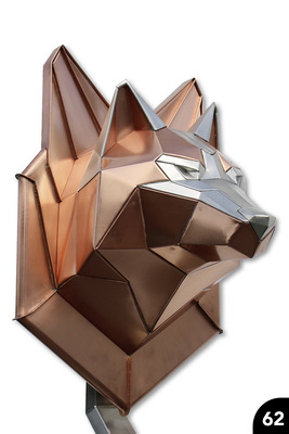 Wolfskopf auf Segmentplatte: 18 Segmente und mehrteilige Anschlussplatte. Einssteckprofile, Falze, Wulst mit Gehrungsfalz. Cu 0,6mm, blank u. verzinnt