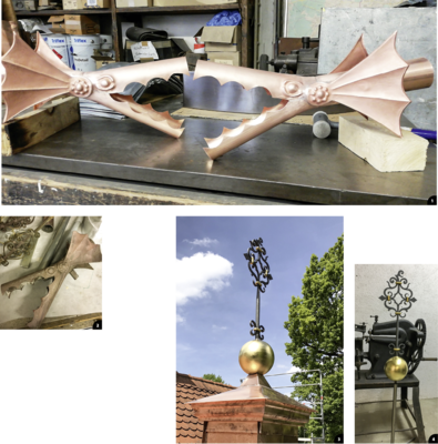 1 Zwei drachenkopfförmige Kupfer-Wasserspeier warten auf den Einbau …  TEST
2 … sie wurden nach historischer Vorlage rekonstruiert 
3 Kupfersockel, vergoldete Kupferkugel und Dachschmuck
4 Alt trifft Alt: Der restaurierte Dachschmuck lehnt in der Sporer-Werkstatt an einer mindestens ebenso alten handbetriebenen Kreisschere 