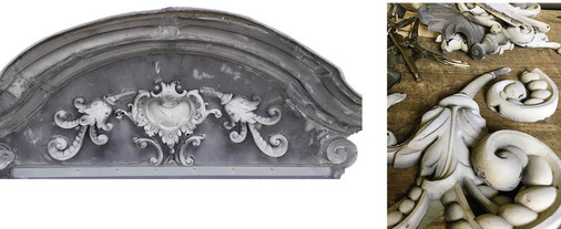 Wichtig für die Rekonstruktion ist die Bemusterung der Bestandsornamente, die den Spenglern als Vorlage zur Herstellung der Gussformen aus Gips und Zink dienen. Die Aufnahmen dokumentieren die Herstellung einer Zierblüte aus Kupfer 