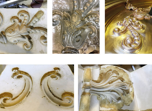 Zur Herstellung der Formen werden die historischen Bauteile in die weiche Masse gedrückt, bis diese aushärtet und die Details der Ornamente genau wiedergibt
