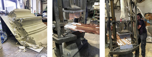 Auf die Herstellung der Profilform folgt das Prägen auf dem Fallwerk durch aufwendige Prägetechnik. Indem das Metall zwischen Stempel und Matritze in Form gebracht wird, entstehen z. B. segmentierte Rahmenbögen