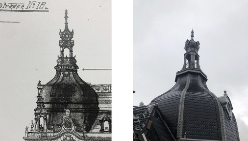 Historische Darstellung und Ist-Zustand der Laterne samt Turmspitze im direkten Vergleich - © Bild: Nakra
