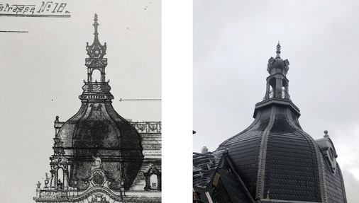 Historische Darstellung und Ist-Zustand der Laterne samt Turmspitze im direkten Vergleich