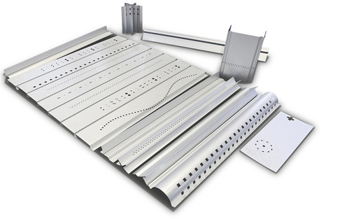 Gelochte Streifen und Profile veranschaulichen die vielfältigen Anwendungsmöglichkeiten des  Evocut-Systems - © Bild: BAUMETALL
