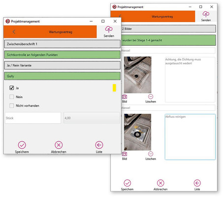  Im Wartungsbereich können Protokolle bearbeitet und Projekt­funde dokumentiert werden
