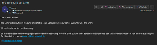 Montag: erste Lieferankündigung per E-Mail um 5:10 Uhr