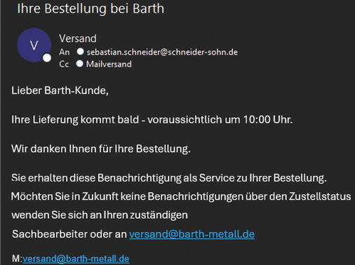 Montag: Lieferankündigung mit Angabe der Ankunftszeit um 10:00 Uhr