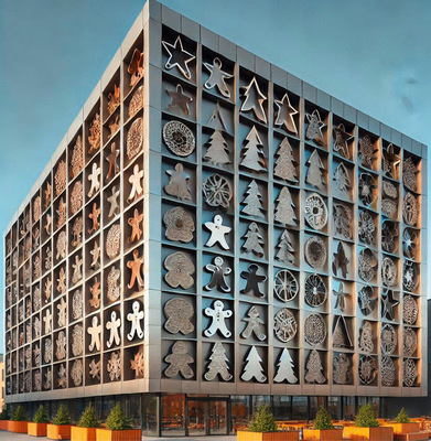KI-Prompt: ein modernes Gebäude mit Metallfassade, die aus zahlreichen weihnachtlichen Backformen besteht