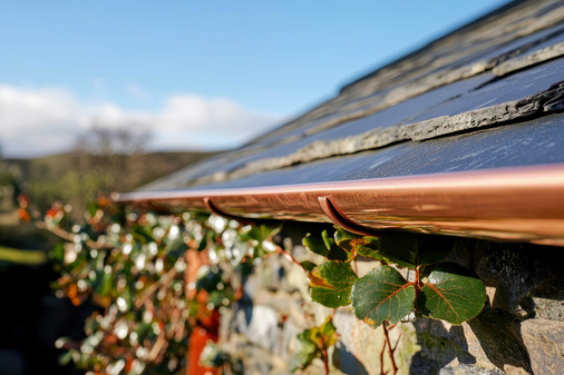 Copper guttering runs along the edge of a slate roof, reflecting the sunlight. Ivy climbs the stone wall beneath, with a clear blue sky in the backdrop, showcasing a serene countryside.