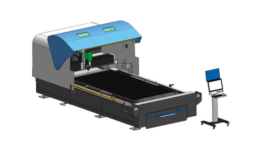 Die Laserschneidanlage SPL 3015 mit geöffneter Haube und Blick ins Maschineninnere
